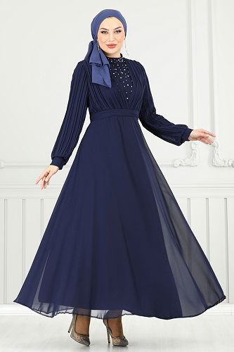 moda selvim Evening Dress 0404ALG474 Navy Blue - Thumbnail