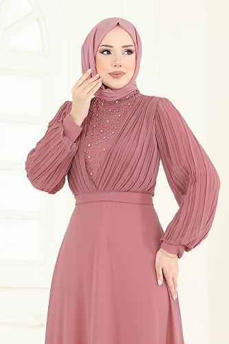 moda selvim فستان سهرة وردي 0404ALG474 - Thumbnail