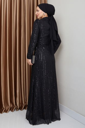 moda selvim Evening Dress 0677MHR1107 Black - Thumbnail