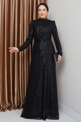 moda selvim فستان سهرة أسود 0677MHR1107 - Thumbnail