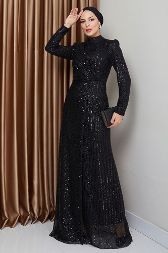 moda selvim فستان سهرة أسود 0677MHR1107 - Thumbnail