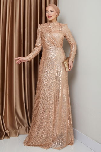 moda selvim Evening Dress 0677MHR1107 Gold - Thumbnail