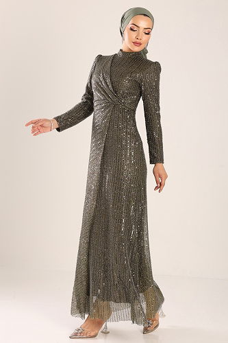 moda selvim Evening Dress 0677MHR1107 Khaki - Thumbnail