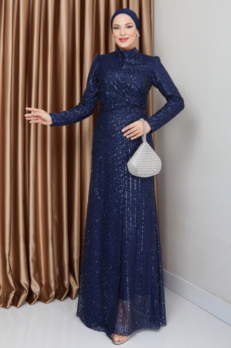 moda selvim فستان سهرة كحلي 0677MHR1107 - Thumbnail