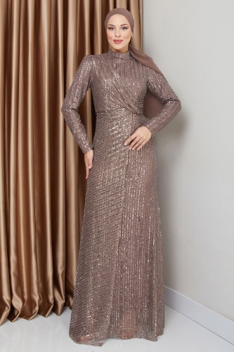 moda selvim فستان سهرة بيج وردي 0677MHR1107 - Thumbnail