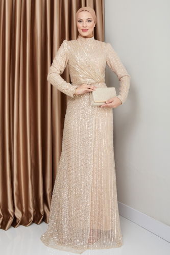moda selvim فستان سهرة بيج 0677MHR1107 - Thumbnail