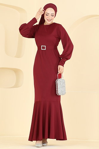 moda selvim Evening Dress 0783LVA1173 Burgundy - Thumbnail
