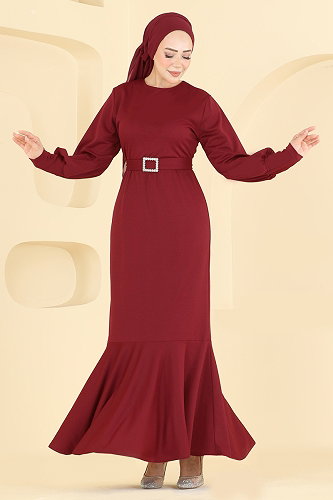 moda selvim فستان سهرة خمري 0783LVA1173 - Thumbnail