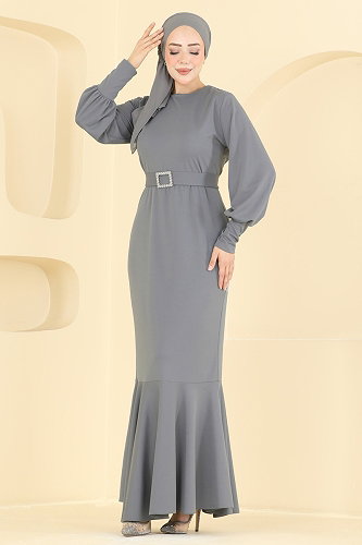 moda selvim فستان سهرة رمادي 0783LVA1173 - Thumbnail