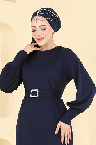 moda selvim فستان سهرة كحلي 0783LVA1173 - Thumbnail