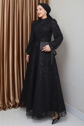 moda selvim Evening Dress 1008MHR1107 Black - Thumbnail