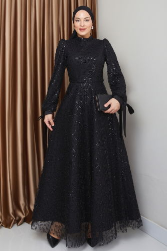 moda selvim فستان سهرة أسود 1008MHR1107 - Thumbnail