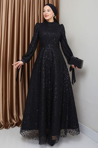 moda selvim فستان سهرة أسود 1008MHR1107 - Thumbnail