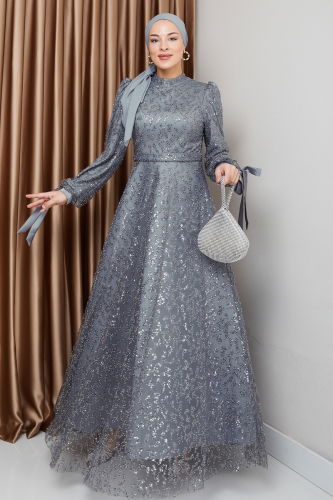 moda selvim Evening Dress 1008MHR1107 Gray - Thumbnail
