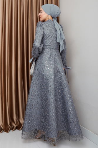 moda selvim فستان سهرة رمادي 1008MHR1107 - Thumbnail