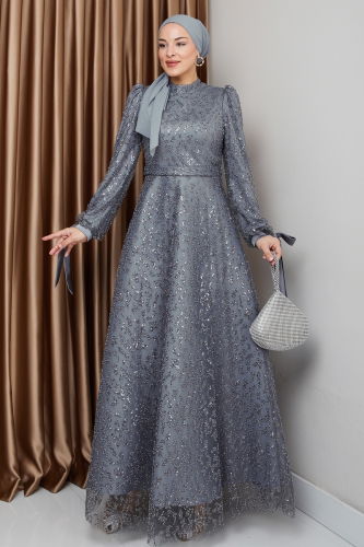 moda selvim فستان سهرة رمادي 1008MHR1107 - Thumbnail