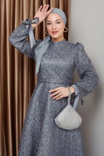moda selvim فستان سهرة رمادي 1008MHR1107 - Thumbnail