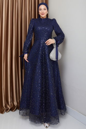 moda selvim Evening Dress 1008MHR1107 Navy Blue - Thumbnail