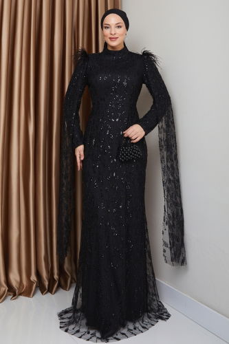 moda selvim Evening Dress 1010MHR1107 Black - Thumbnail