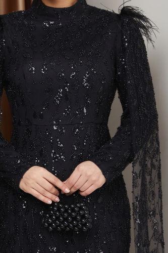 moda selvim Evening Dress 1010MHR1107 Black - Thumbnail