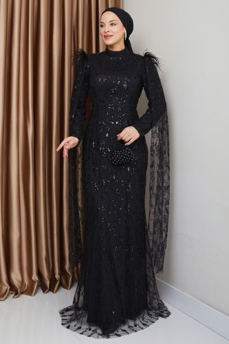 moda selvim فستان سهرة أسود 1010MHR1107 - Thumbnail