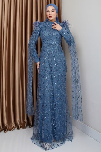moda selvim Evening Dress 1010MHR1107 Blue - Thumbnail