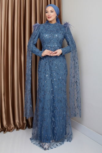 moda selvim Evening Dress 1010MHR1107 Blue - Thumbnail