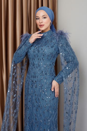 moda selvim Evening Dress 1010MHR1107 Blue - Thumbnail