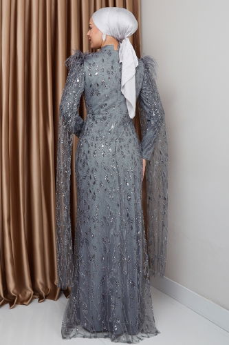 moda selvim فستان سهرة رمادي 1010MHR1107 - Thumbnail