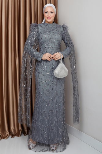 moda selvim فستان سهرة رمادي 1010MHR1107 - Thumbnail