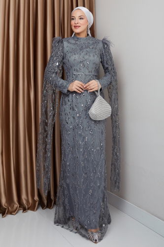 moda selvim فستان سهرة رمادي 1010MHR1107 - Thumbnail