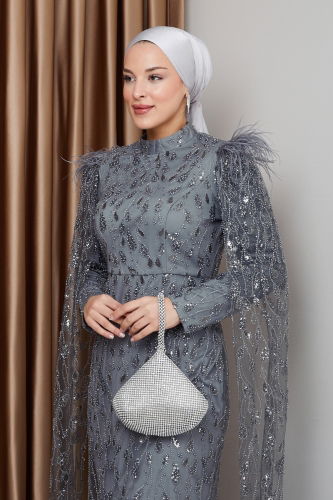 moda selvim فستان سهرة رمادي 1010MHR1107 - Thumbnail