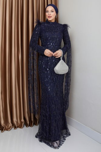 moda selvim Evening Dress 1010MHR1107 Navy Blue - Thumbnail