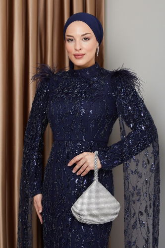 moda selvim Evening Dress 1010MHR1107 Navy Blue - Thumbnail