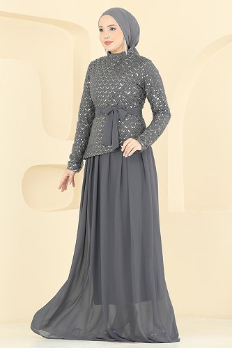 moda selvim فستان سهرة رمادي غامق 1013YG95 - Thumbnail