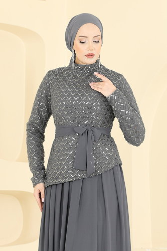 moda selvim فستان سهرة رمادي غامق 1013YG95 - Thumbnail