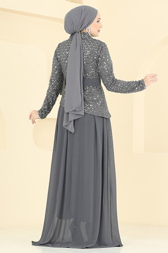 moda selvim فستان سهرة رمادي غامق 1013YG95 - Thumbnail