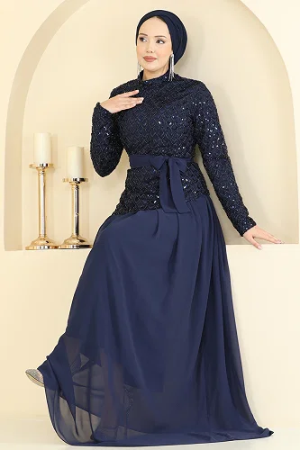 moda selvim Evening Dress 1013YG95 Navy Blue - Thumbnail