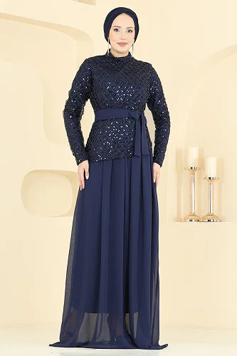 moda selvim Evening Dress 1013YG95 Navy Blue - Thumbnail