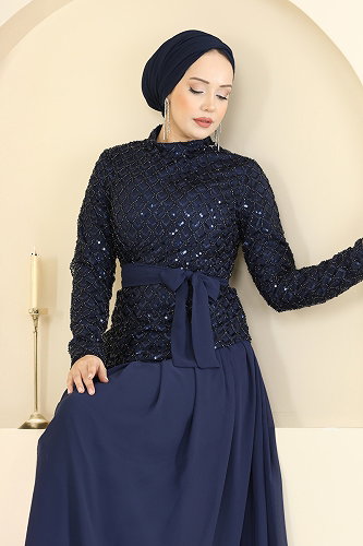 moda selvim فستان سهرة كحلي 1013YG95 - Thumbnail