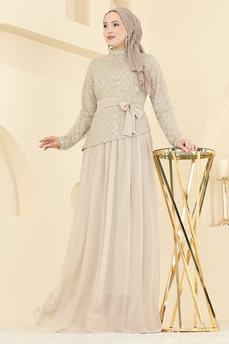 moda selvim Evening Dress 1013YG95 Stone - Thumbnail
