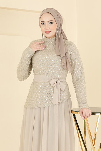 moda selvim فستان سهرة بيج 1013YG95 - Thumbnail