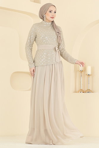 moda selvim فستان سهرة بيج 1013YG95 - Thumbnail