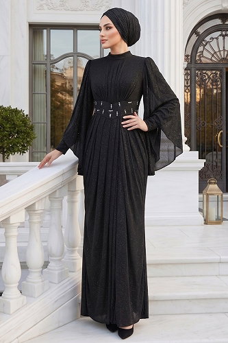 moda selvim Evening Dress 102DMNK1166 Black - Thumbnail