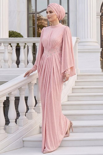 moda selvim Evening Dress 102DMNK1166 Powder - Thumbnail