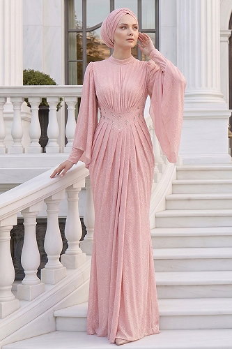 moda selvim Evening Dress 102DMNK1166 Powder - Thumbnail