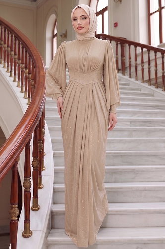 moda selvim Evening Dress 102DMNK1166 Stone - Thumbnail