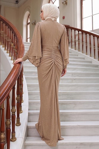 moda selvim فستان سهرة بيج 102DMNK1166 - Thumbnail