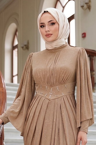 moda selvim فستان سهرة بيج 102DMNK1166 - Thumbnail