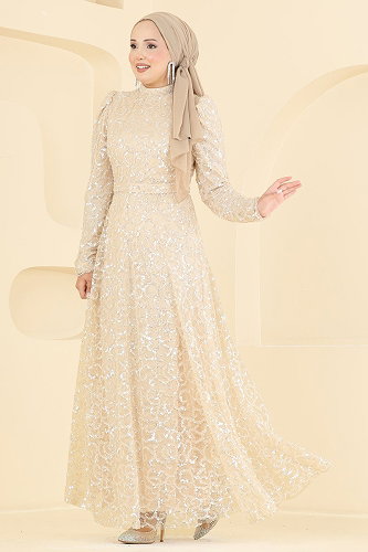 moda selvim Evening Dress 1030YG95 Cream - Thumbnail